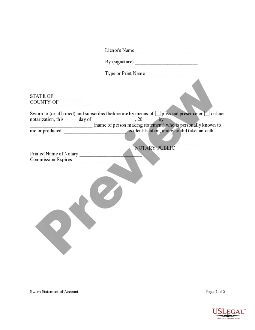 Get Sworn Statement Of Account From Lienor to Owner - Construction - Mechanic Liens - Individual Preview Sworn Statement Of Account From Lienor to Owner - Construction - Mechanic Liens - Individual