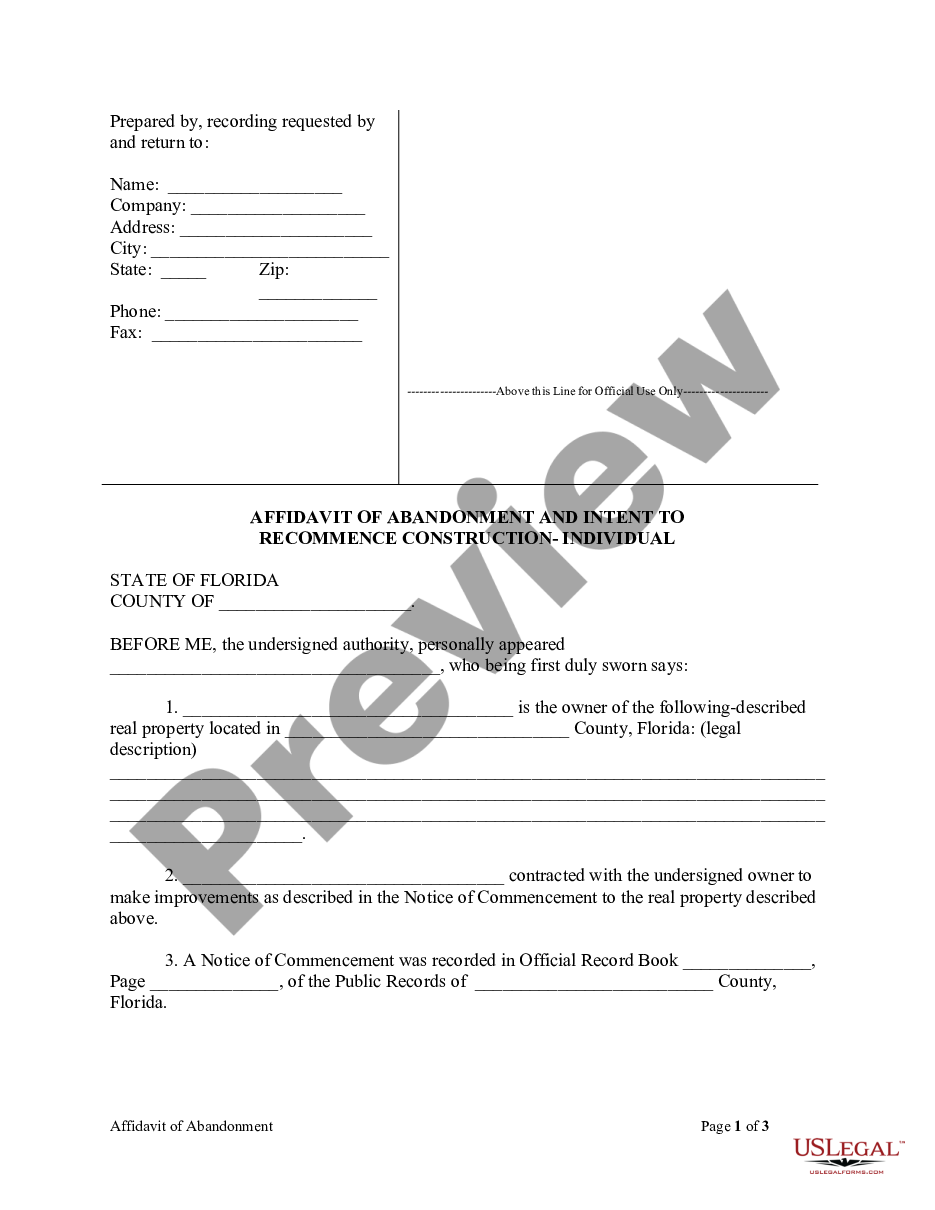 form Affidavit of Abandonment And Intent To Recommence Construction Form - Mechanic Liens - Individual preview