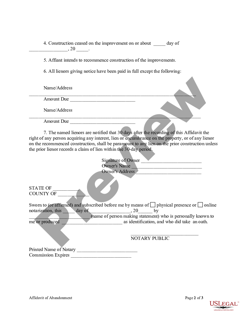 form Affidavit of Abandonment And Intent To Recommence Construction Form - Mechanic Liens - Individual preview