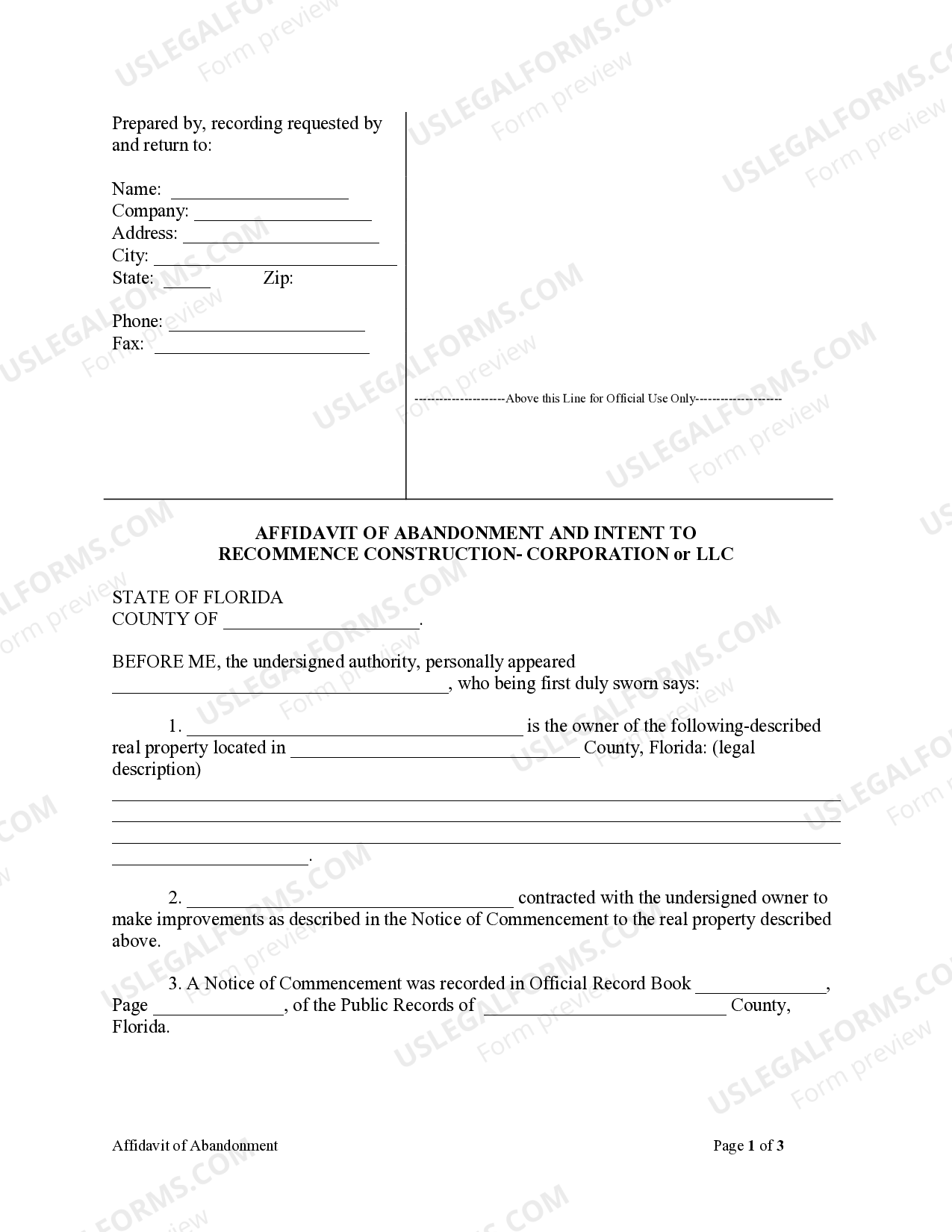 Orlando Florida Affidavit Of Abandonment And Intent To