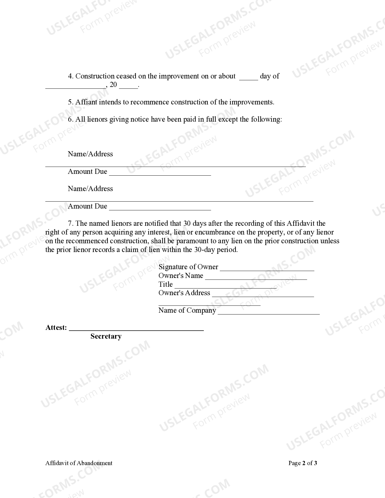 Florida Affidavit Of Abandonment And Intent To Construction