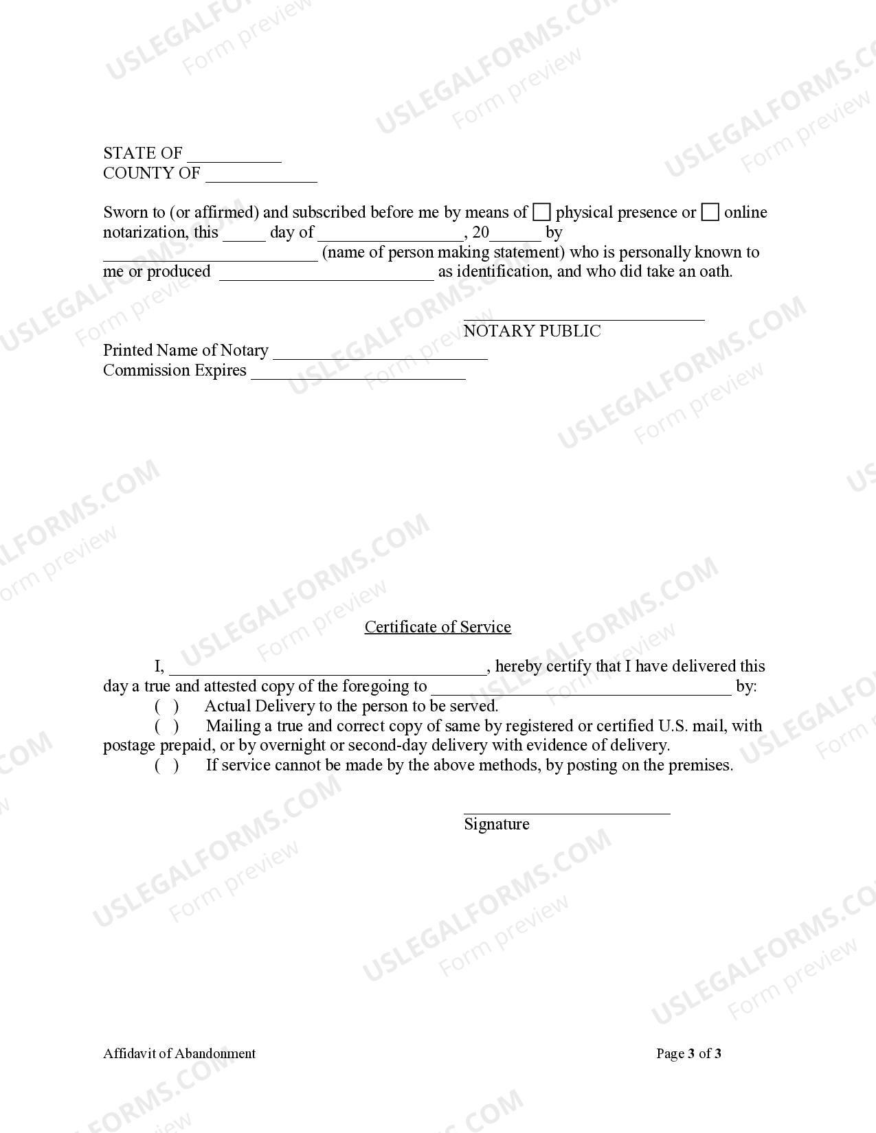 Florida Affidavit Of Abandonment And Intent To Construction