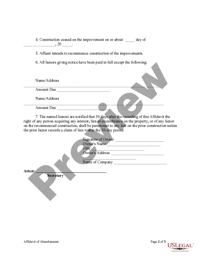 Preview Affidavit Of Abandonment And Intent To Recommence Construction Form - Mechanic Liens - Corporation or LLC