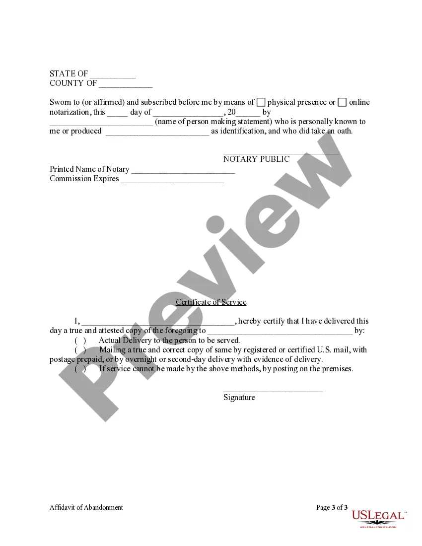Preview Affidavit Of Abandonment And Intent To Recommence Construction Form - Mechanic Liens - Corporation or LLC
