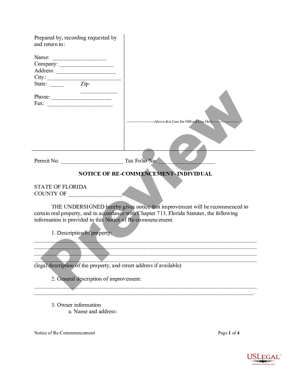 page 0 Notice Of Recommencement Form - Construction - Mechanic Liens - Individual preview