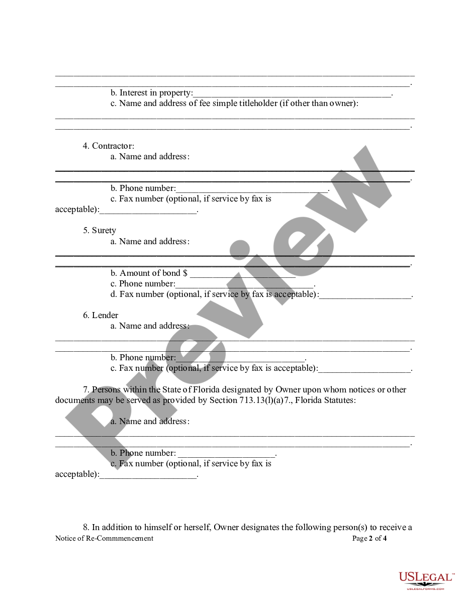 page 1 Notice Of Recommencement Form - Construction - Mechanic Liens - Individual preview
