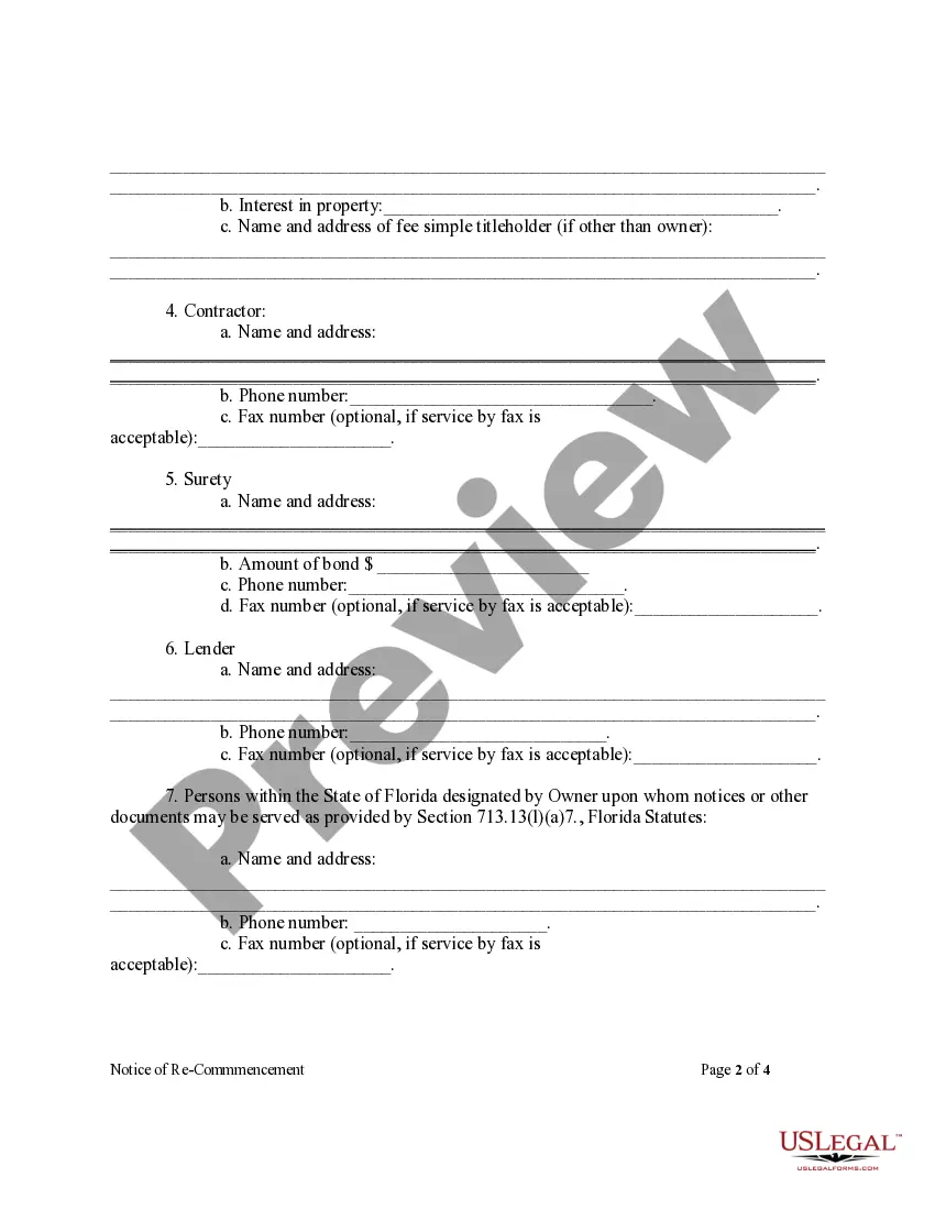 Get Notice Of Recommencement Form - Construction - Mechanic Liens - Individual Preview Notice Of Recommencement Form - Construction - Mechanic Liens - Individual
