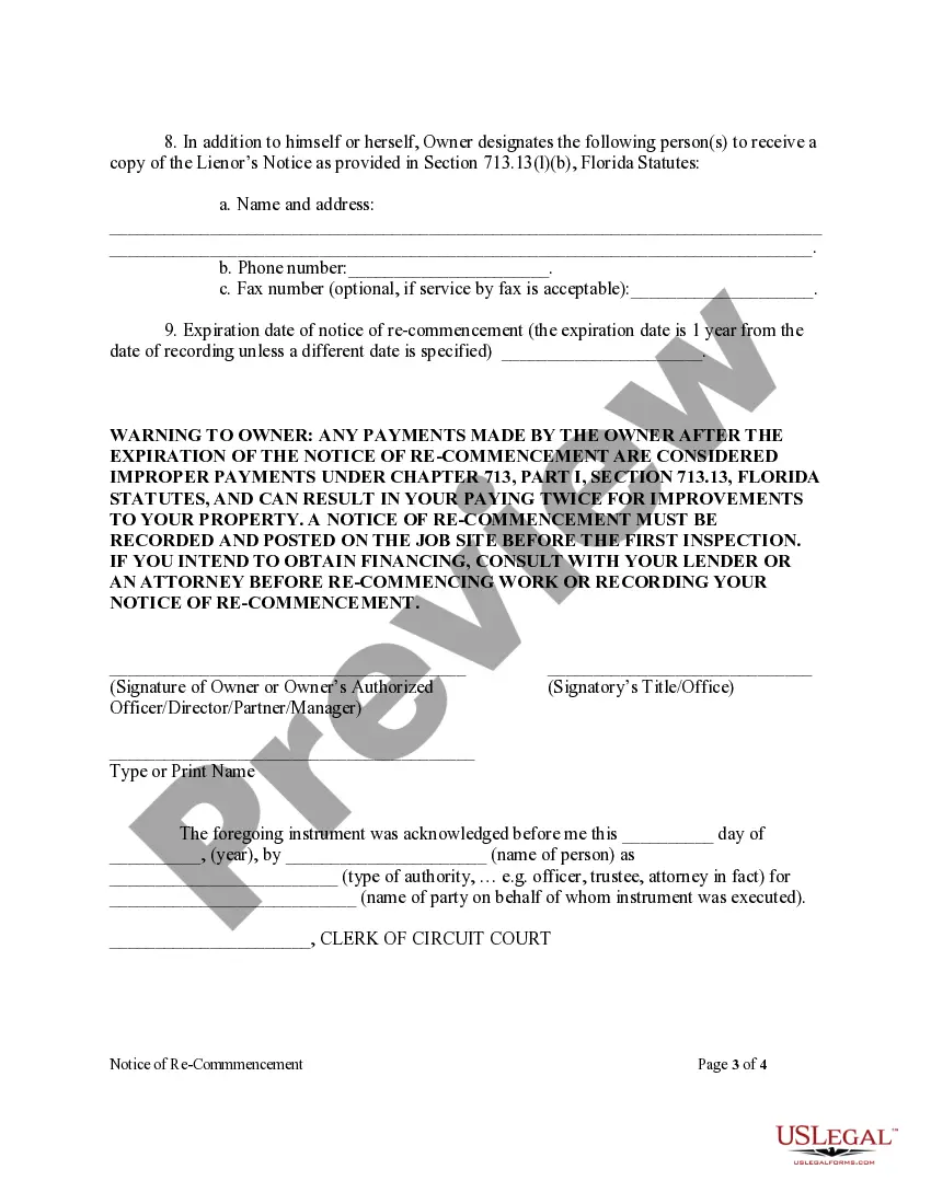 Get Notice Of Recommencement Form - Construction - Mechanic Liens - Individual Preview Notice Of Recommencement Form - Construction - Mechanic Liens - Individual