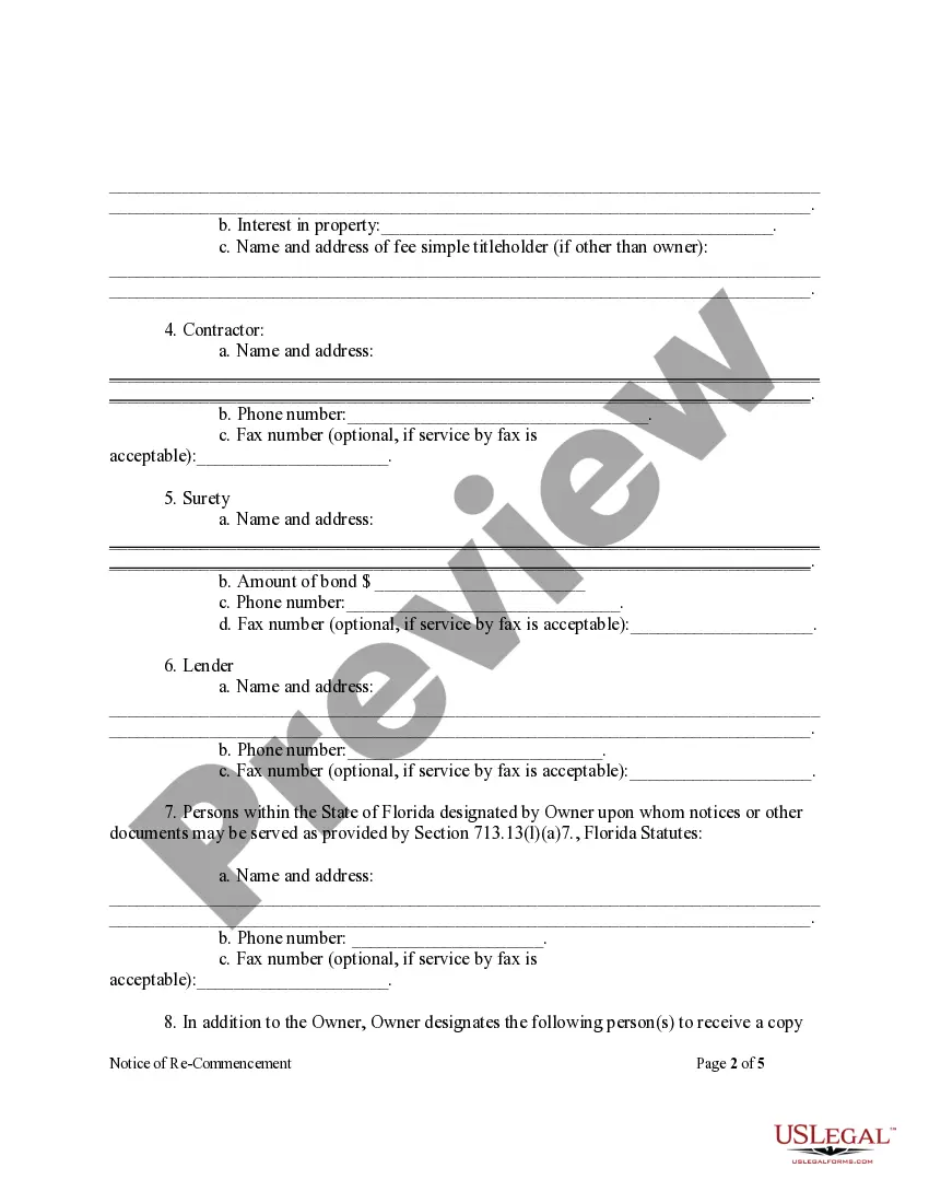 Get Notice Of Recommencement Form - Construction - Mechanic Liens - Corporation or LLC Preview Notice Of Recommencement Form - Construction - Mechanic Liens - Corporation or LLC