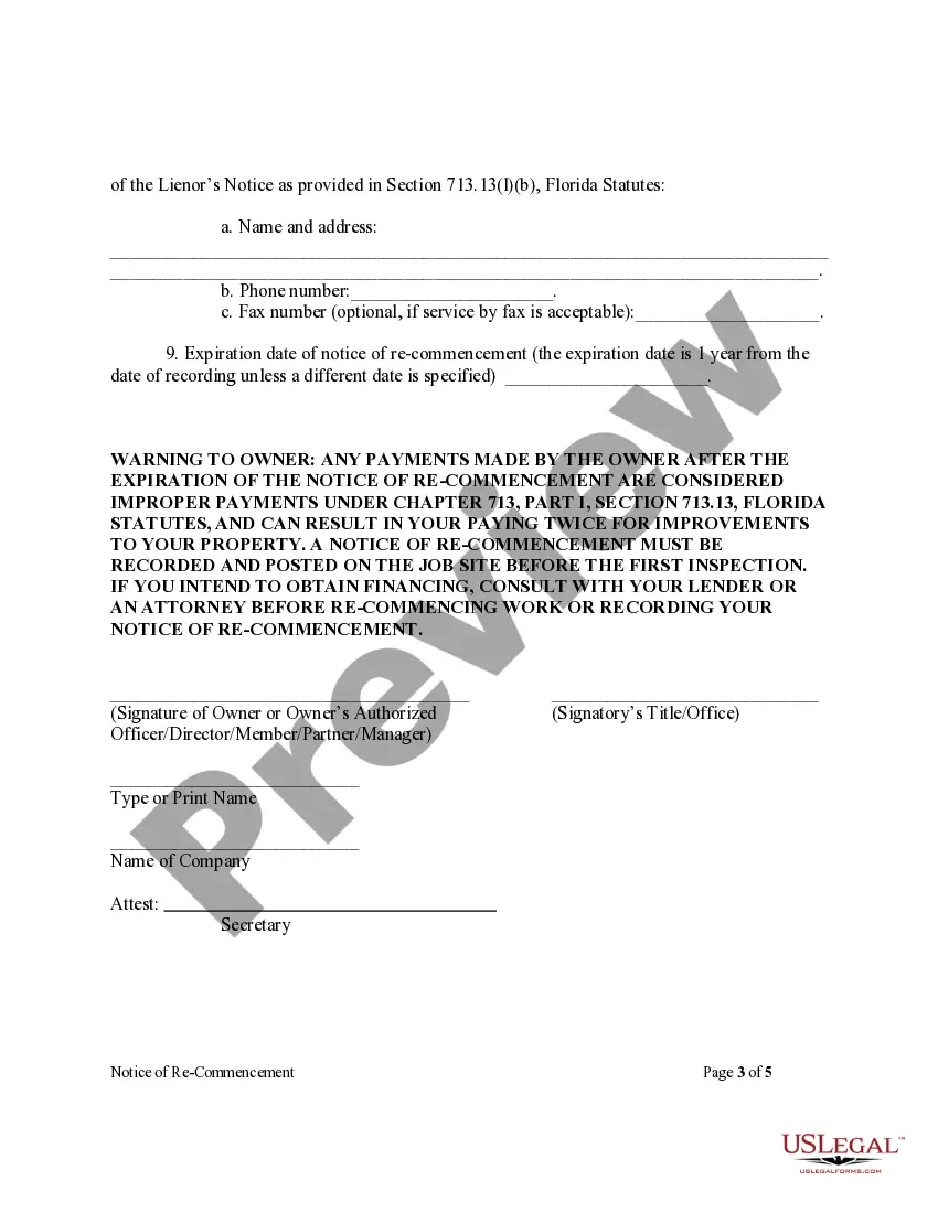 Get Notice Of Recommencement Form - Construction - Mechanic Liens - Corporation or LLC Preview Notice Of Recommencement Form - Construction - Mechanic Liens - Corporation or LLC