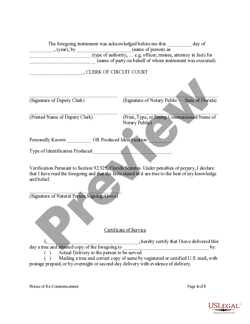Get Notice Of Recommencement Form - Construction - Mechanic Liens - Corporation or LLC Preview Notice Of Recommencement Form - Construction - Mechanic Liens - Corporation or LLC