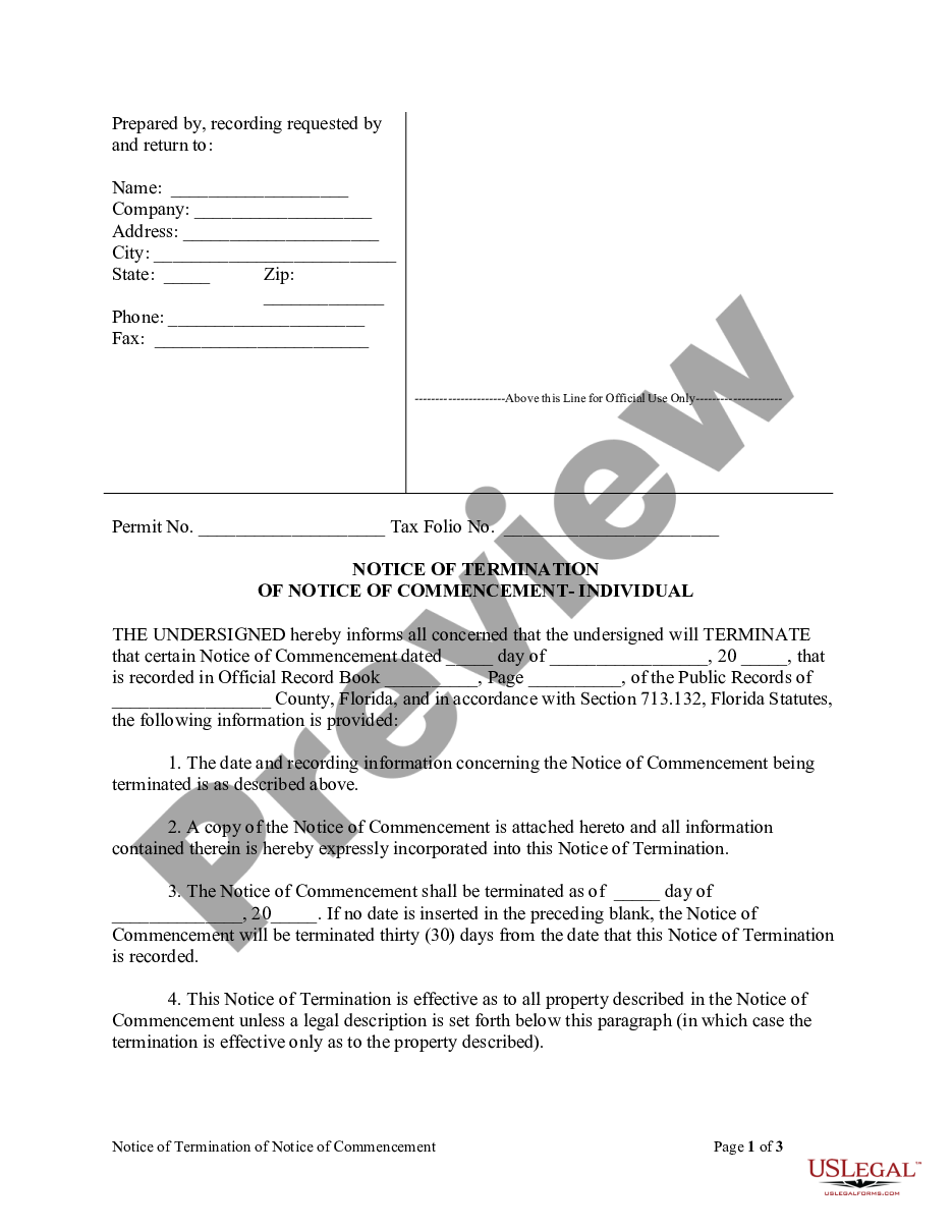 page 0 Notice of Termination of Notice of Commencement Form - Construction - Mechanic Liens - Individual preview