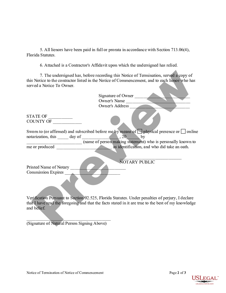 form Notice of Termination of Notice of Commencement Form - Construction - Mechanic Liens - Individual preview