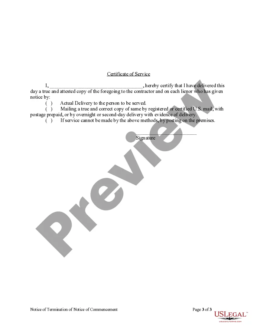 Get Notice of Termination of Notice of Commencement Form - Construction - Mechanic Liens - Corporation or LLC Preview Notice of Termination of Notice of Commencement Form - Construction - Mechanic Liens - Corporation or LLC