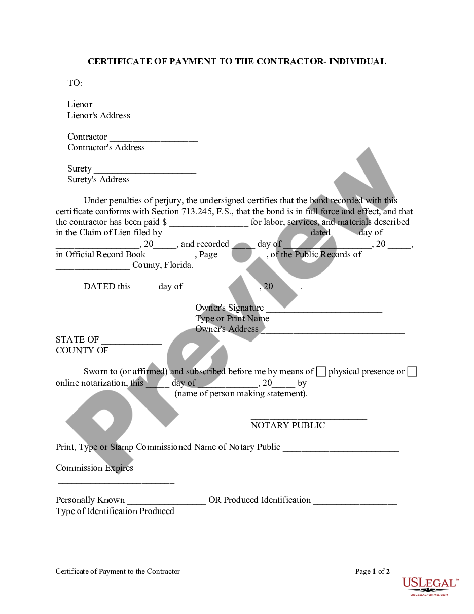 page 0 Florida Certificate Of Payment To Contractor Form - Construction - Mechanic Liens - Individual preview