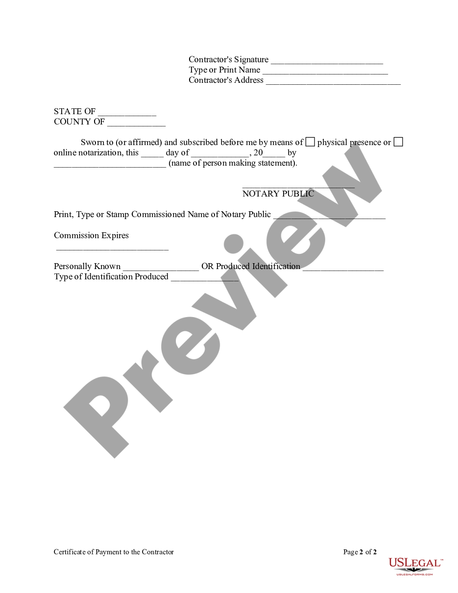 page 1 Florida Certificate Of Payment To Contractor Form - Construction - Mechanic Liens - Individual preview