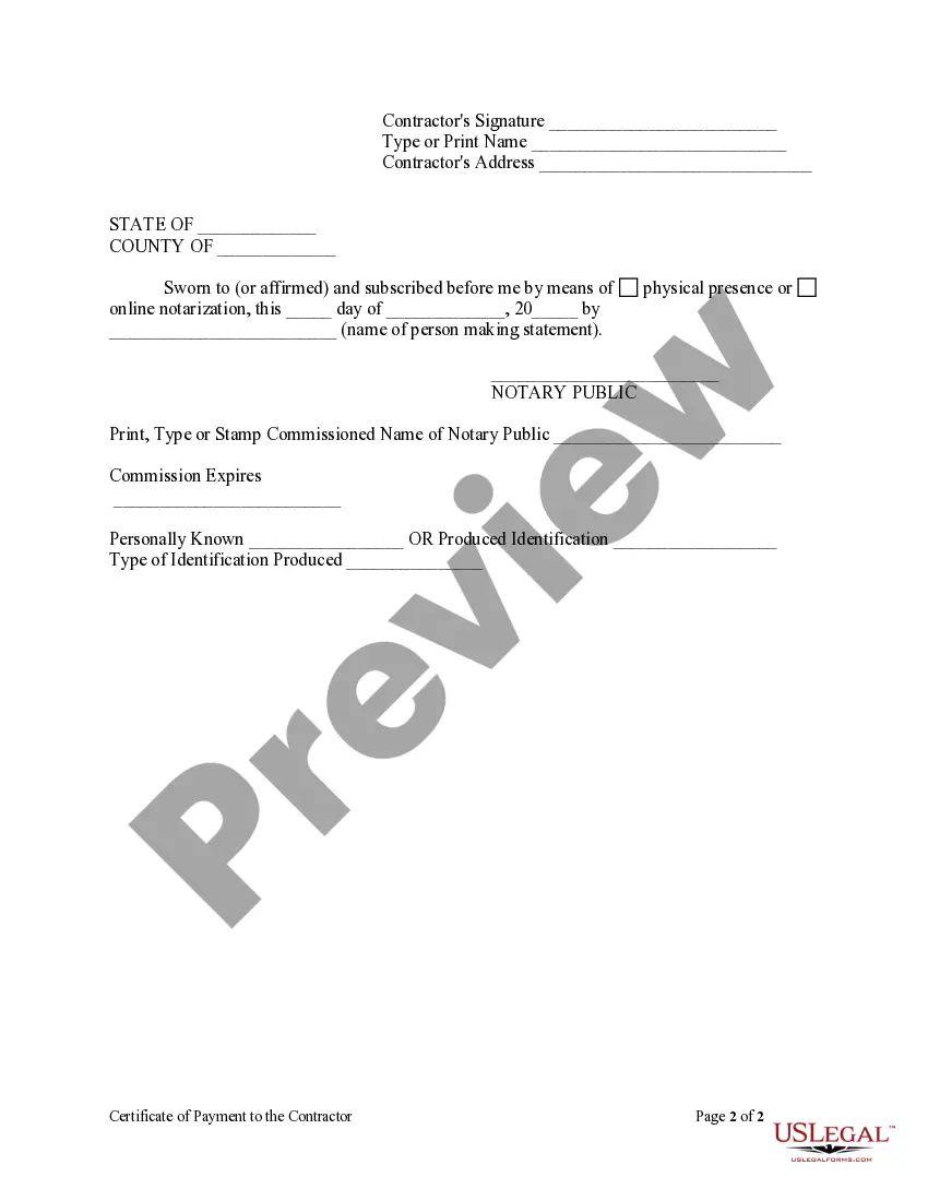 Preview Florida Certificate Of Payment To Contractor Form - Construction - Mechanic Liens - Individual