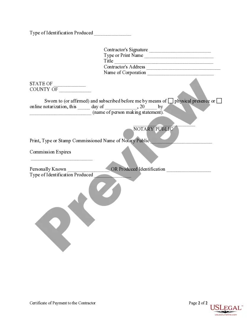 Preview Florida Certificate Of Payment To Contractor Form - Construction - Mechanic Liens - Corporation or LLC