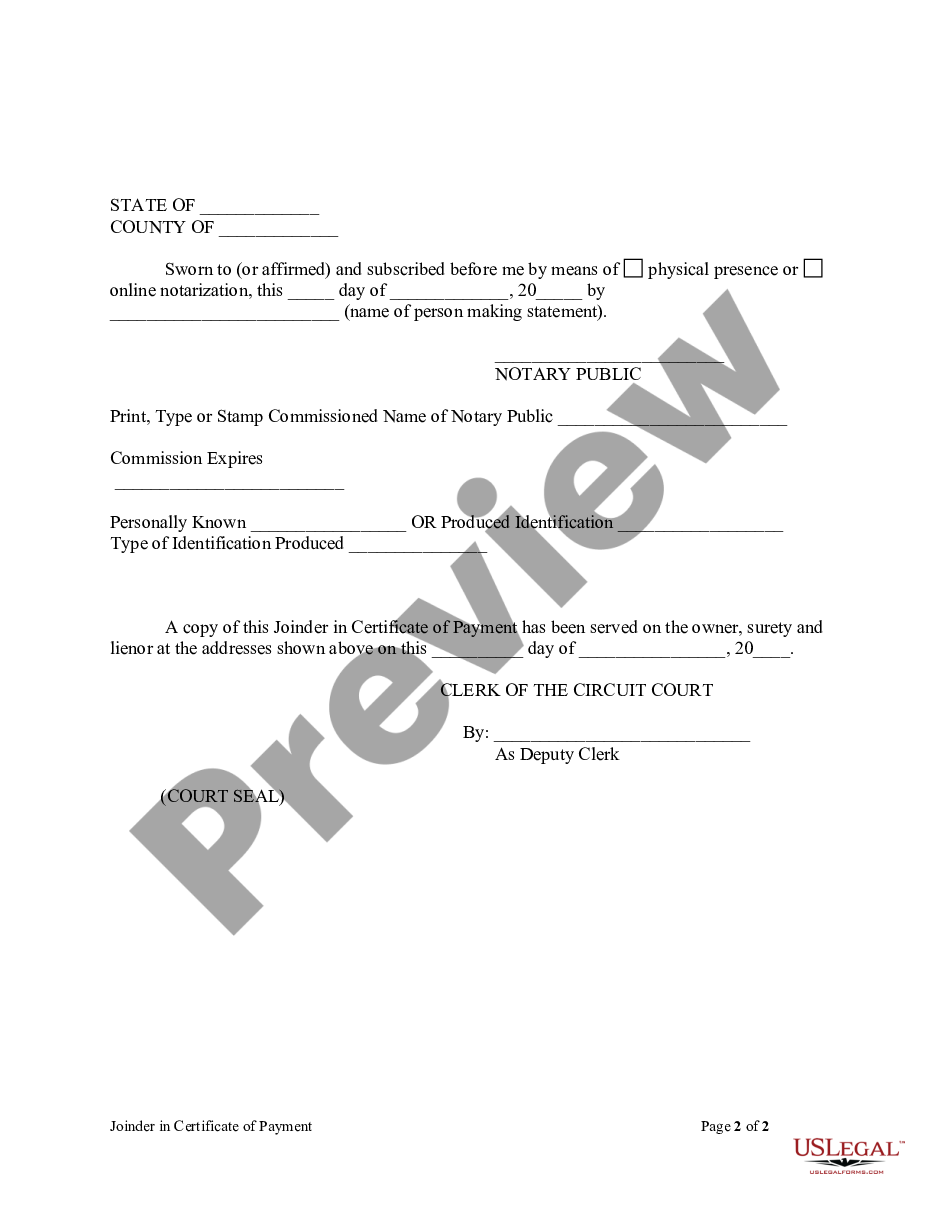 form Joinder In Certificate Of Payment Form - Construction - Mechanic Liens - Individual preview