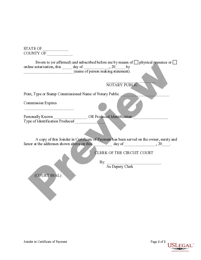 Preview Joinder In Certificate Of Payment Form - Construction - Mechanic Liens - Individual
