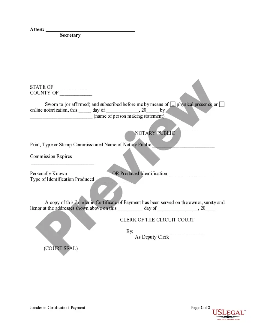 Preview Joinder In Certificate of Payment Form - Construction - Mechanic Liens - Corporation or LLC