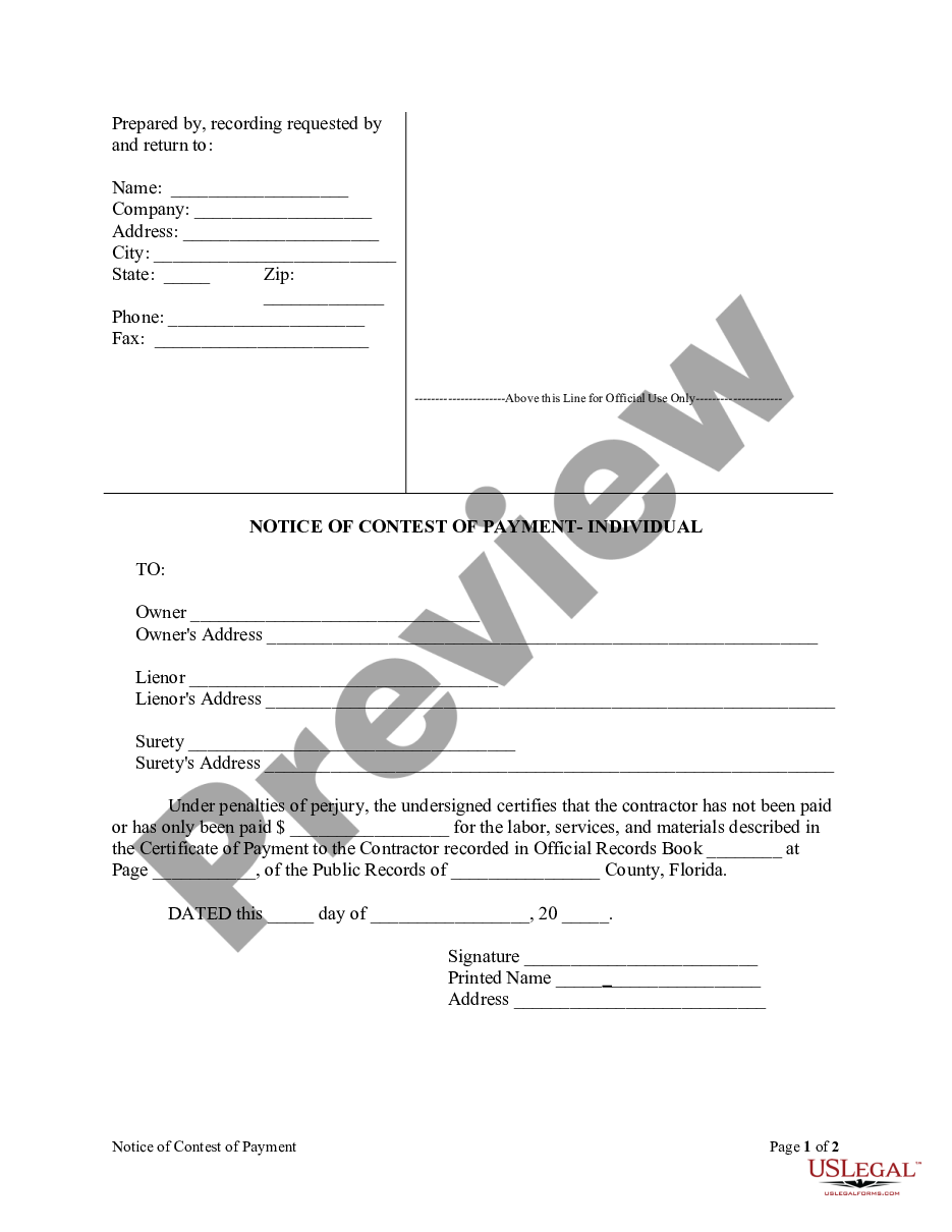 page 0 Notice of Contest of Payment Form - Construction - Mechanic Liens - Individual preview