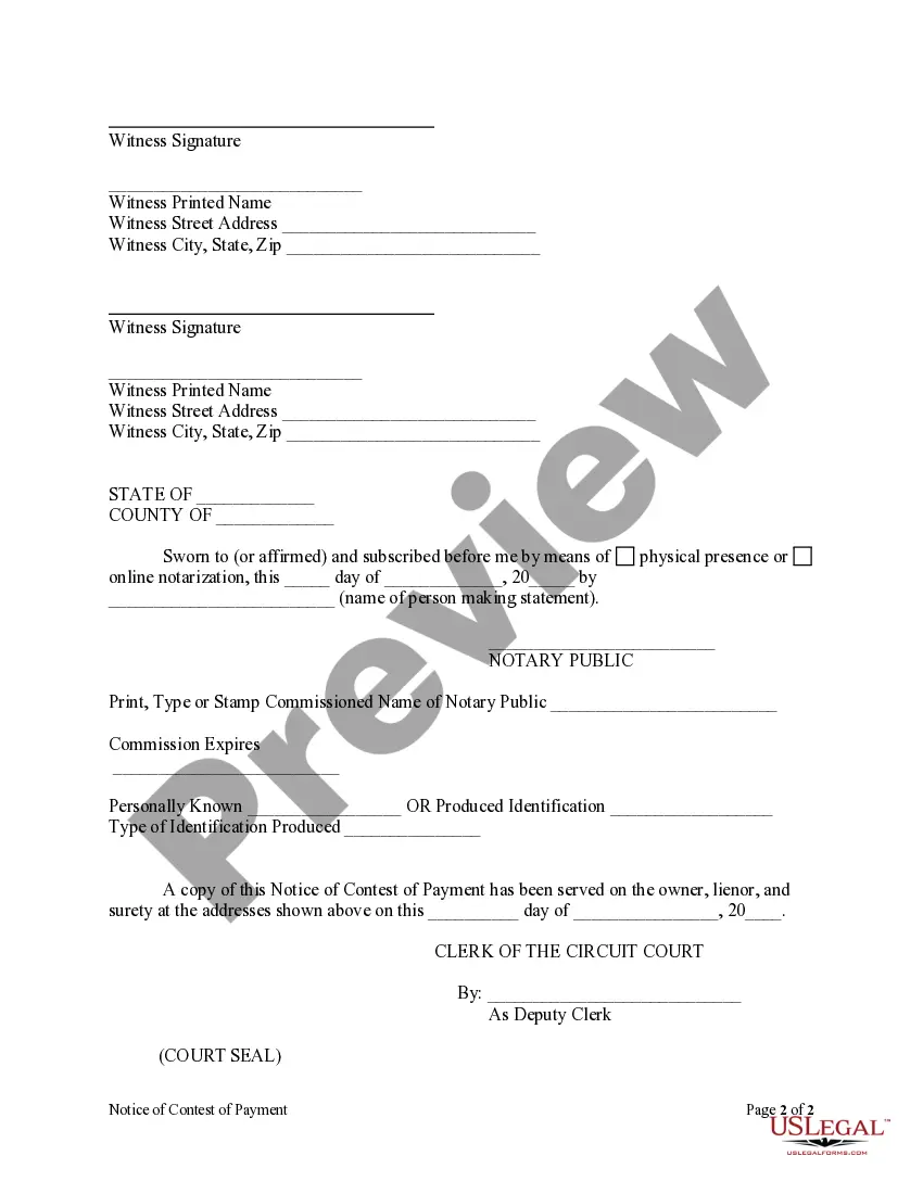Preview Notice of Contest of Payment Form - Construction - Mechanic Liens - Individual