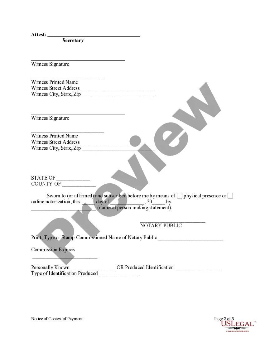 Preview Notice of Contest of Payment Form - Construction - Mechanic Liens - Corporation or LLC