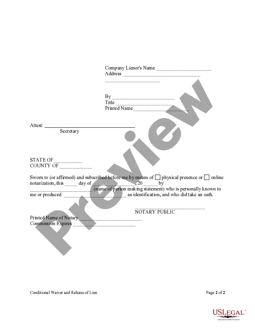 Get Conditional Waiver and Release of Lien Upon Final Payment - Corporation or LLC Preview Conditional Waiver and Release of Lien Upon Final Payment - Corporation or LLC