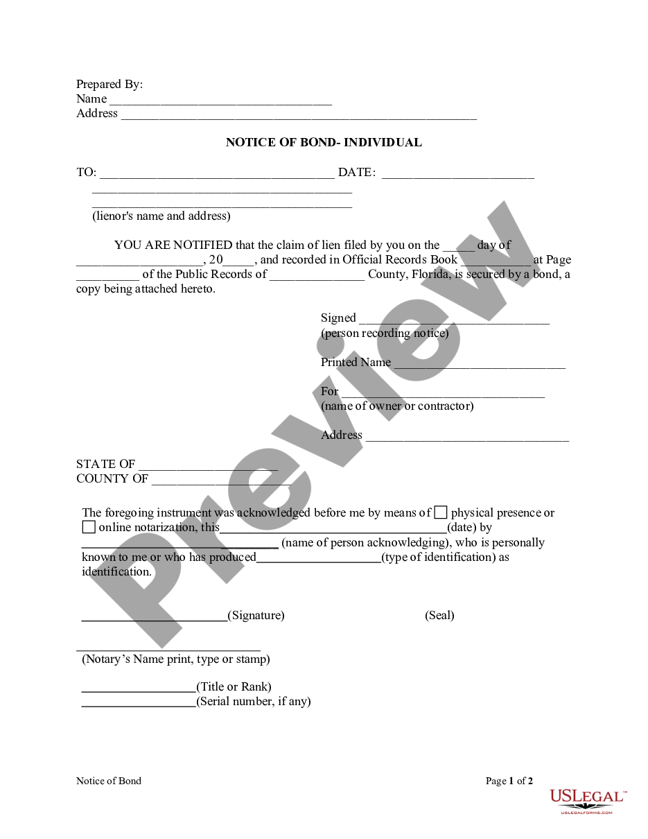 form Notice of Bond - Construction - Mechanic Liens - Individual preview