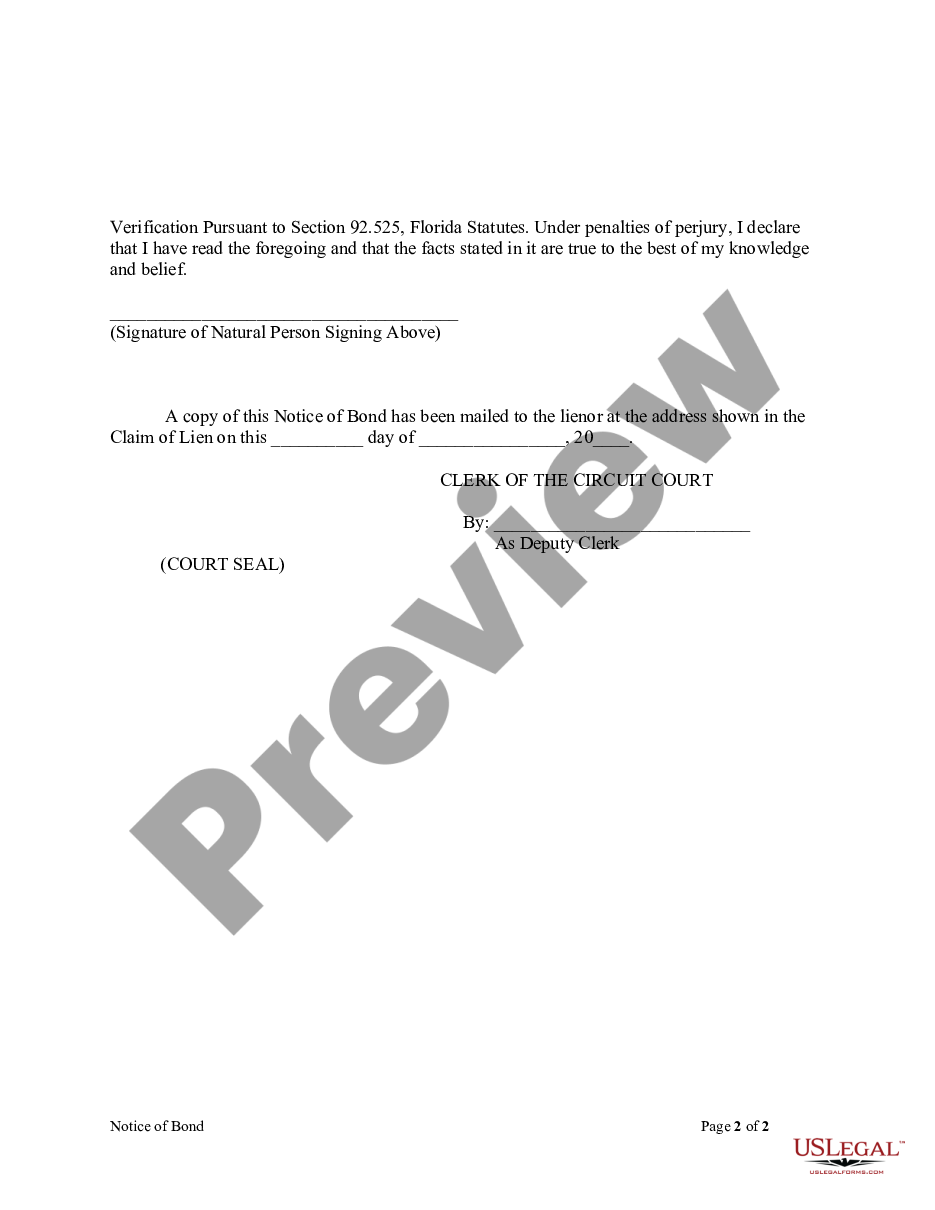 page 1 Notice of Bond - Construction - Mechanic Liens - Individual preview