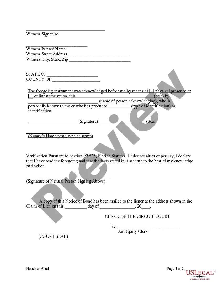 Preview Notice of Bond Form - Construction - Mechanic Liens - Corporation or LLC