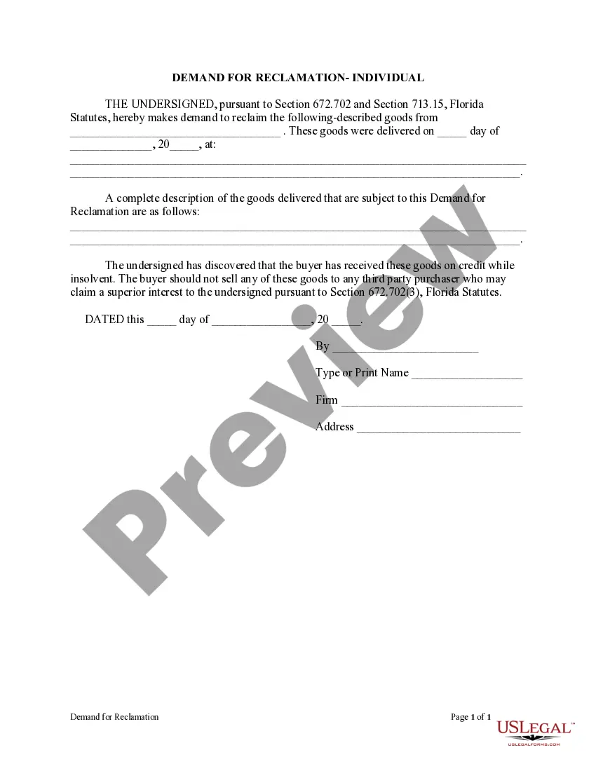 Preview Demand For Reclamation Form - Construction - Mechanic Liens - Individual