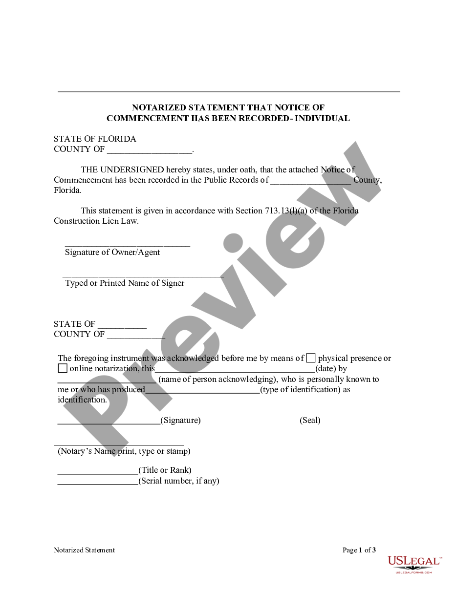page 0 Notarized Statement Regarding Notice of Commencement Form - Construction - Mechanic Liens - Individual preview