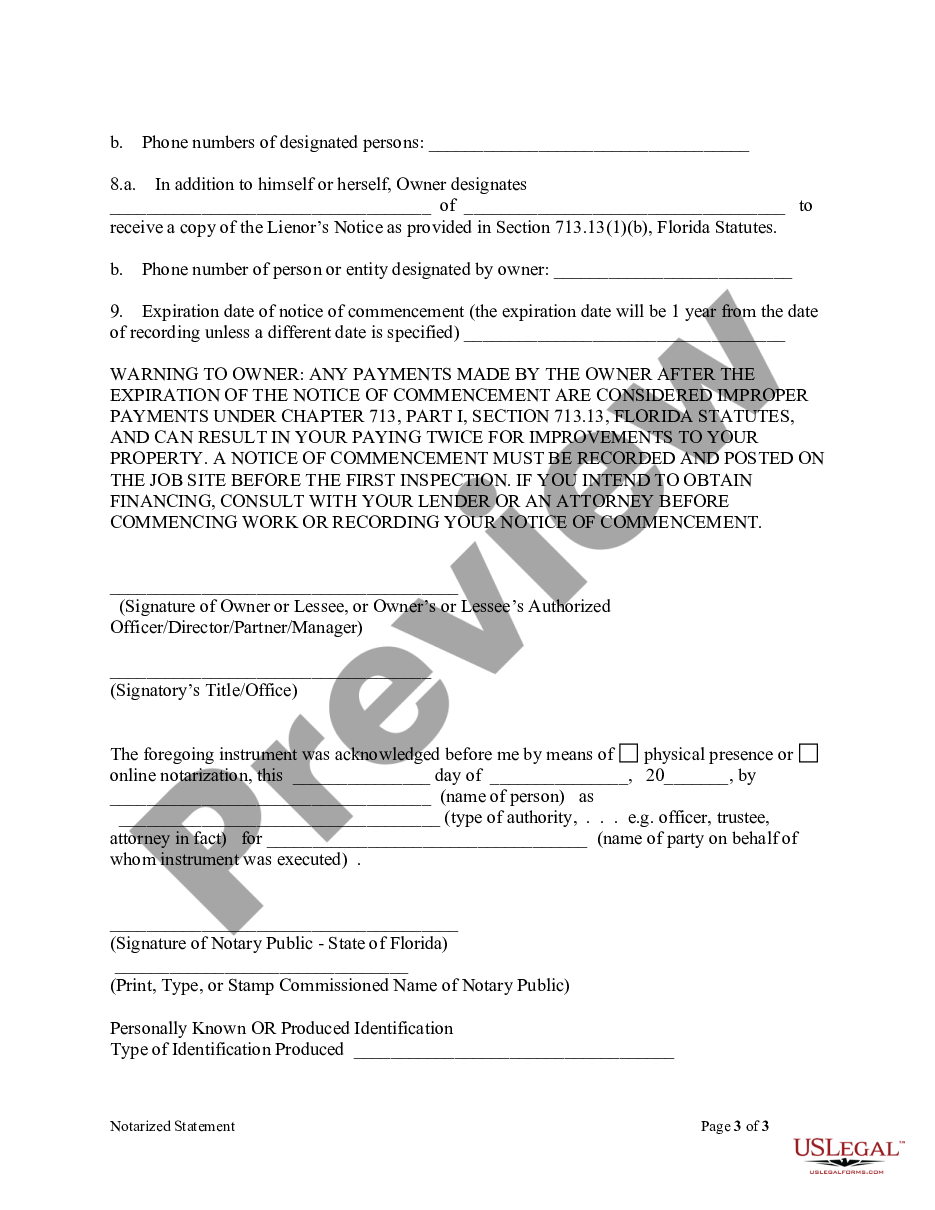 form Notarized Statement Regarding Notice of Commencement Form - Construction - Mechanic Liens - Individual preview