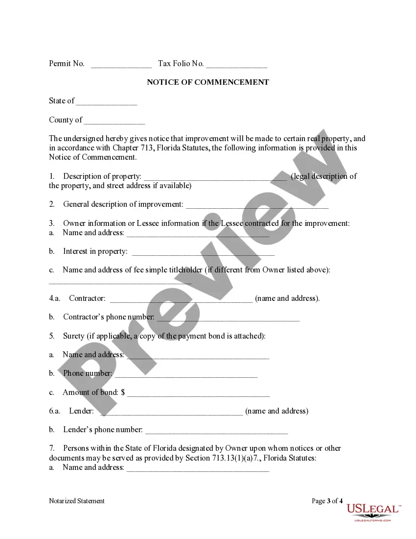 Preview Notarized Statement Regarding Notice of Commencement Form - Construction - Mechanic Liens - Corporation