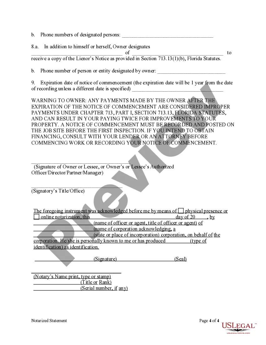Preview Notarized Statement Regarding Notice of Commencement Form - Construction - Mechanic Liens - Corporation