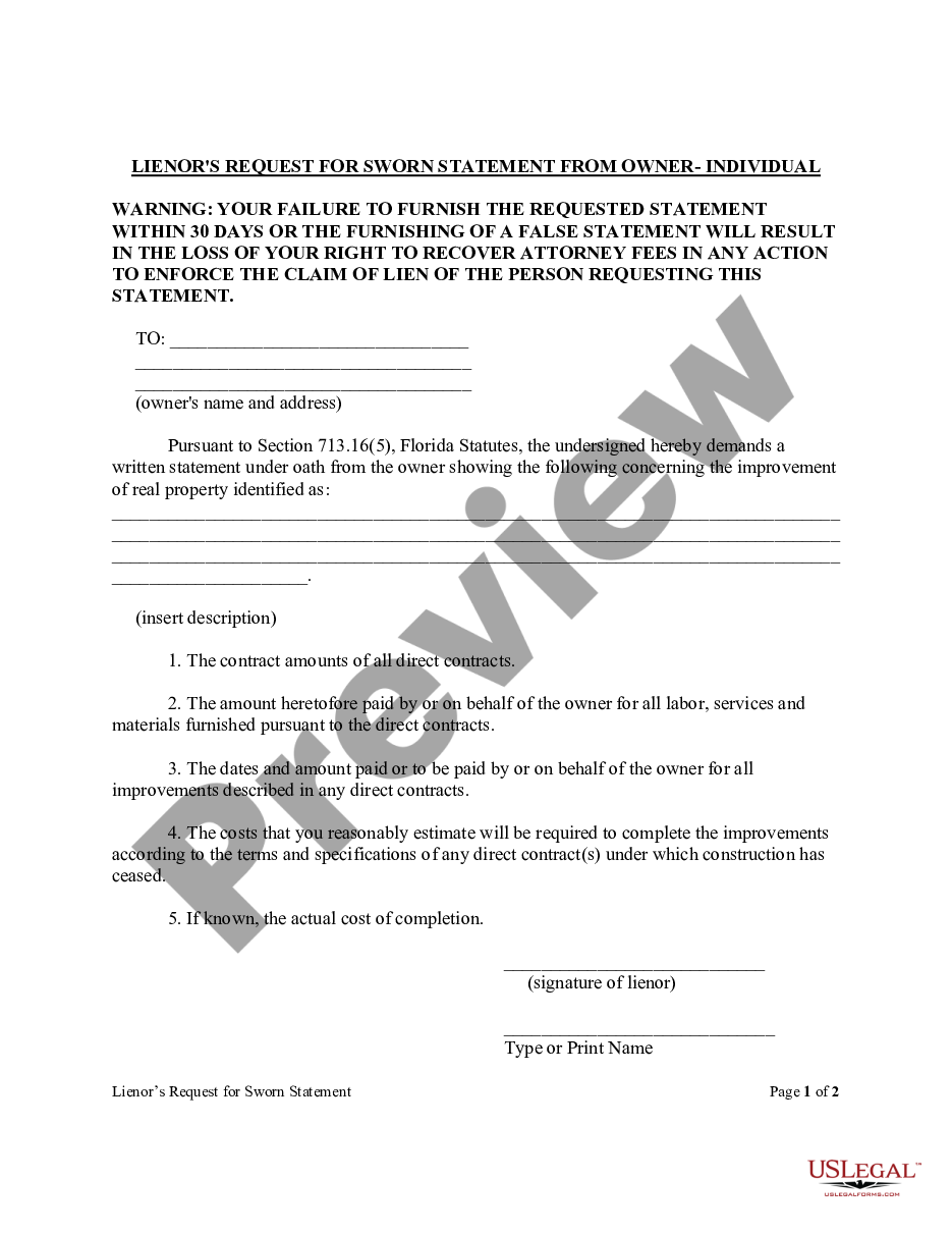 page 0 Lienors Request For Sworn Statement From Owner Form - Construction - Mechanic Liens - Individual preview