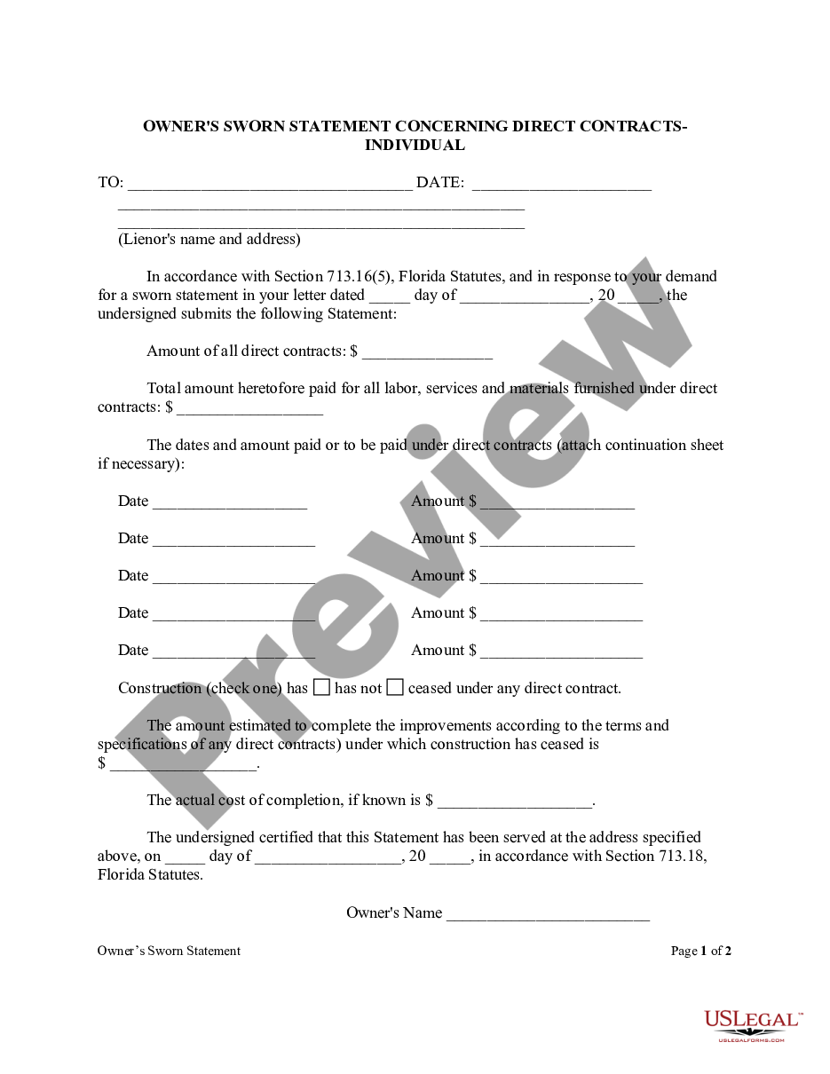 page 0 Owner's Sworn Statement Concerning Direct Contracts Form - Construction - Mechanic Liens - Individual preview