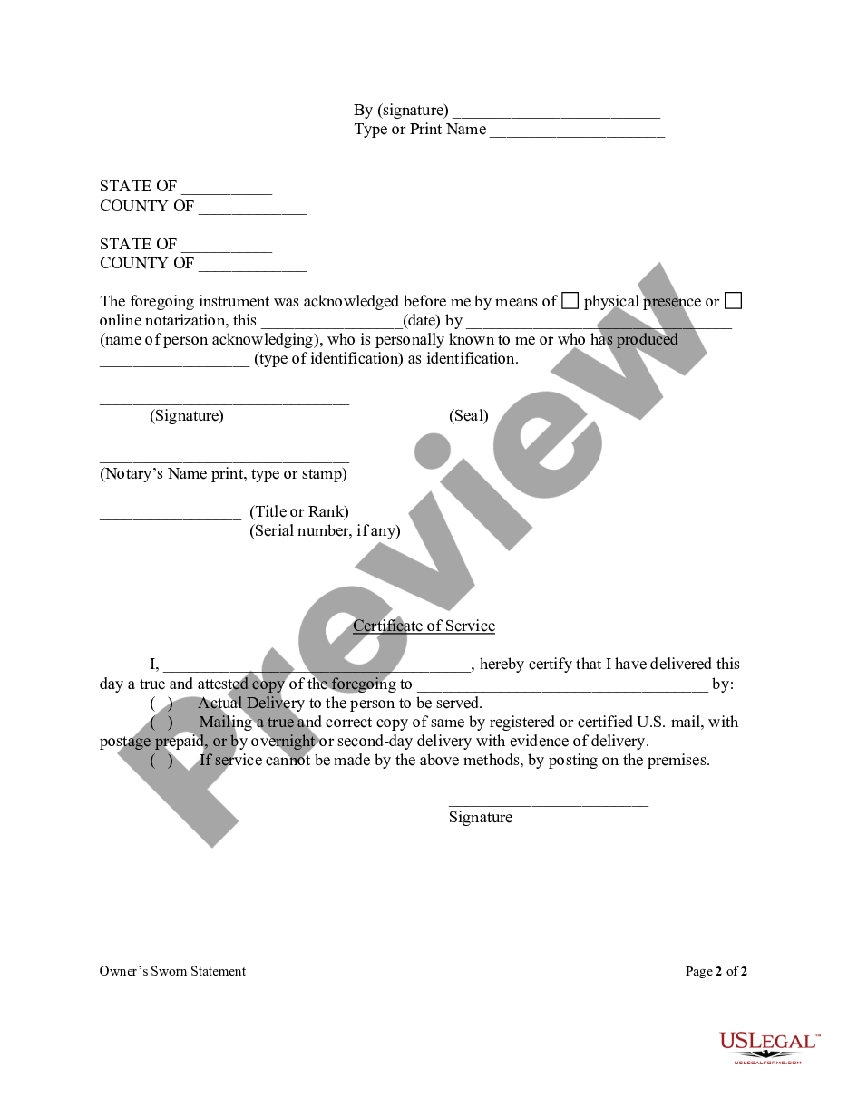page 1 Owner's Sworn Statement Concerning Direct Contracts Form - Construction - Mechanic Liens - Individual preview