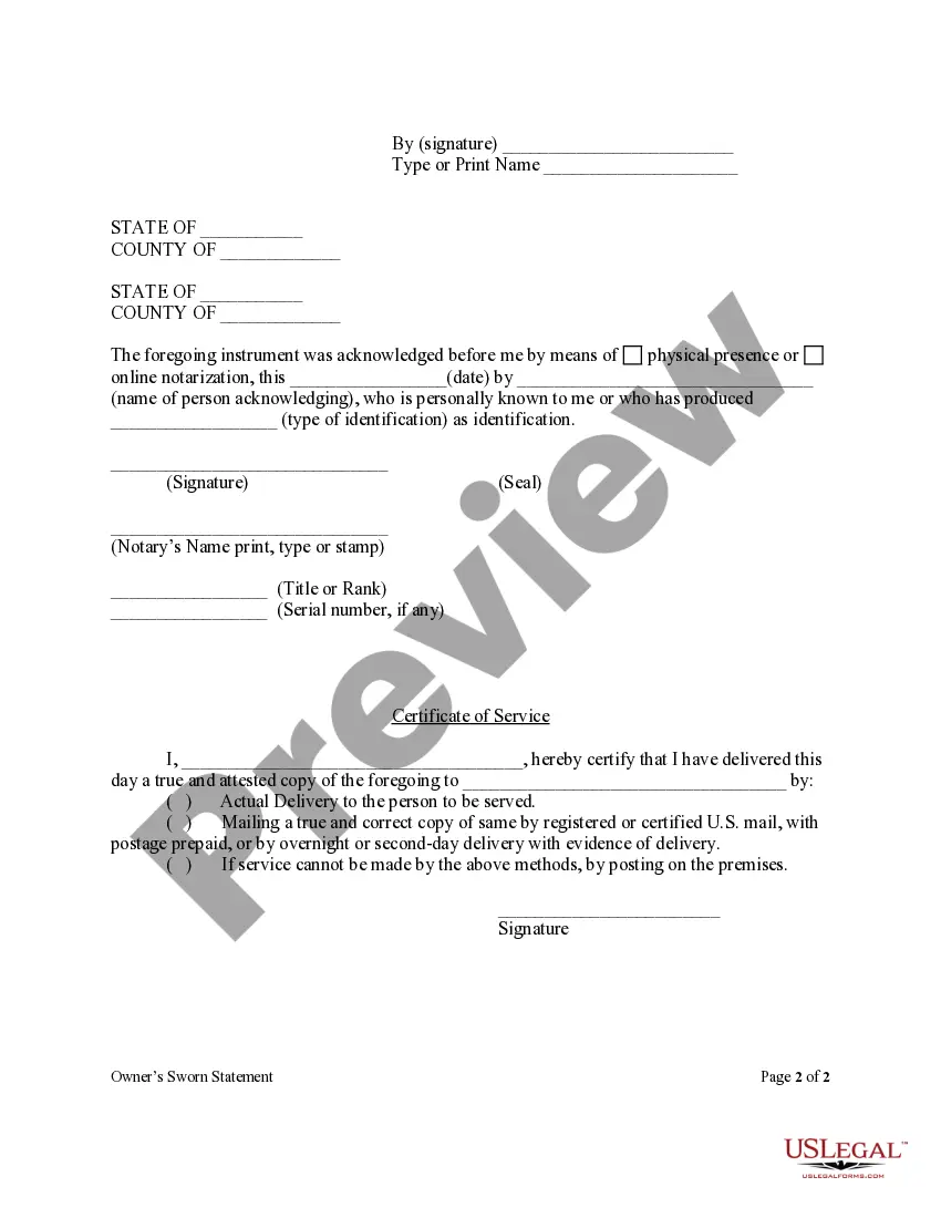 Preview Owner's Sworn Statement Concerning Direct Contracts Form - Construction - Mechanic Liens - Individual
