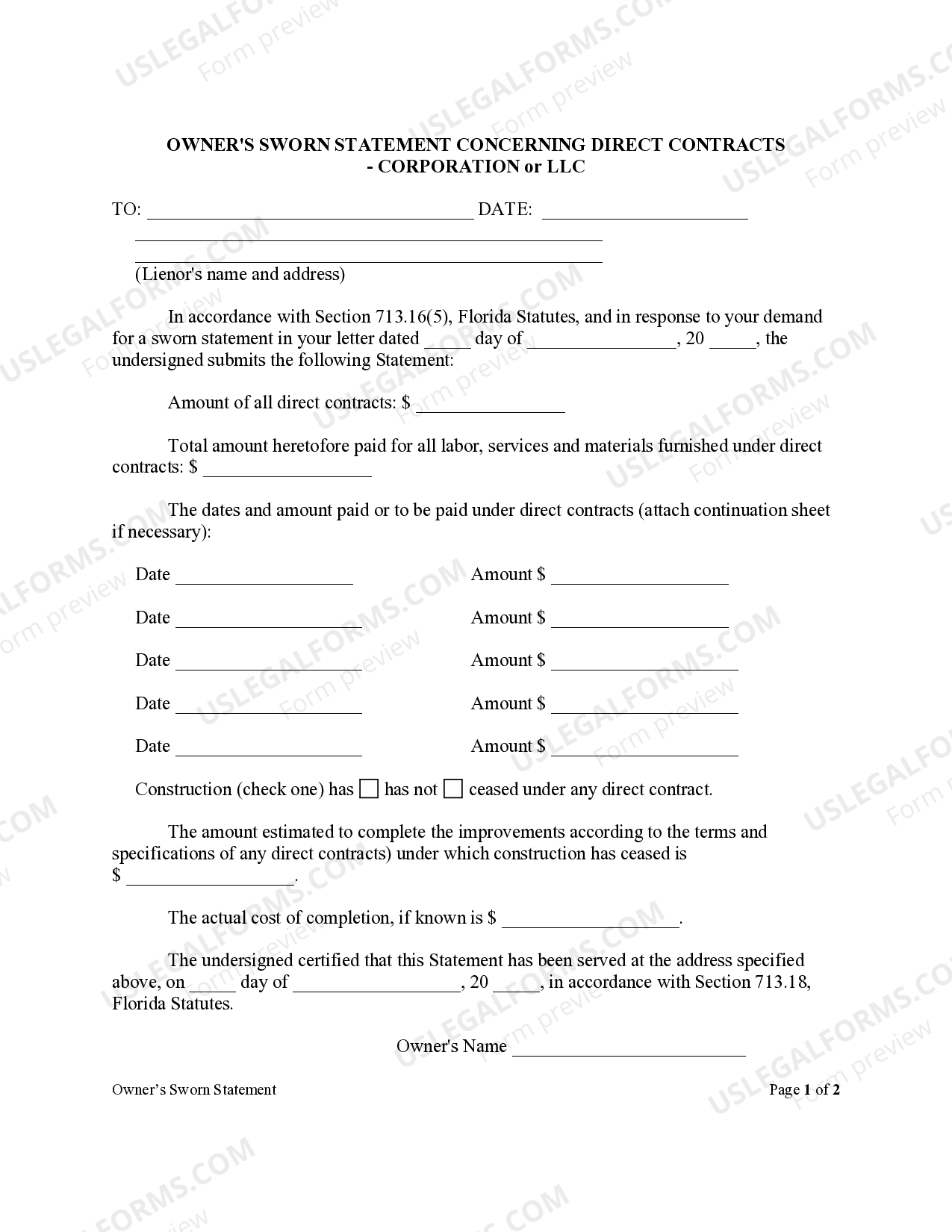 Florida Owner's Sworn Statement Concerning Direct Contracts Form ...