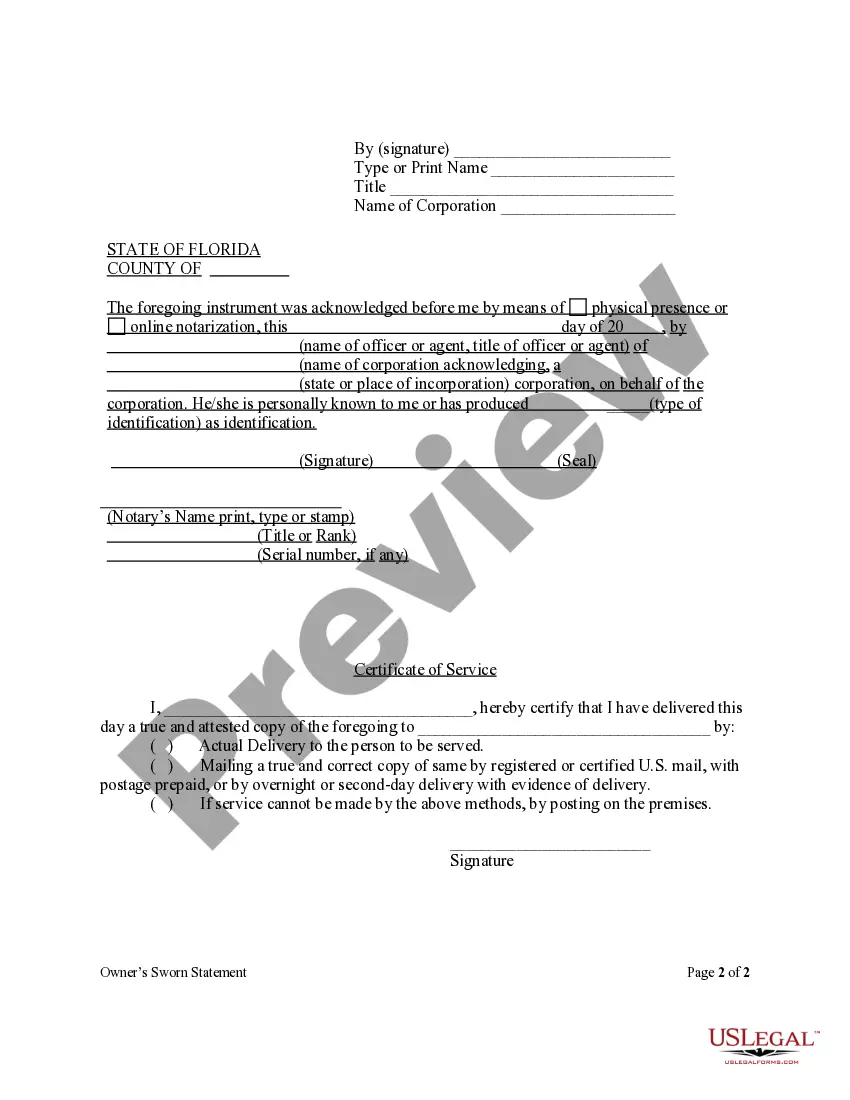 Preview Owner's Sworn Statement Concerning Direct Contracts Form - Construction - Mechanic Liens - Corporation or LLC