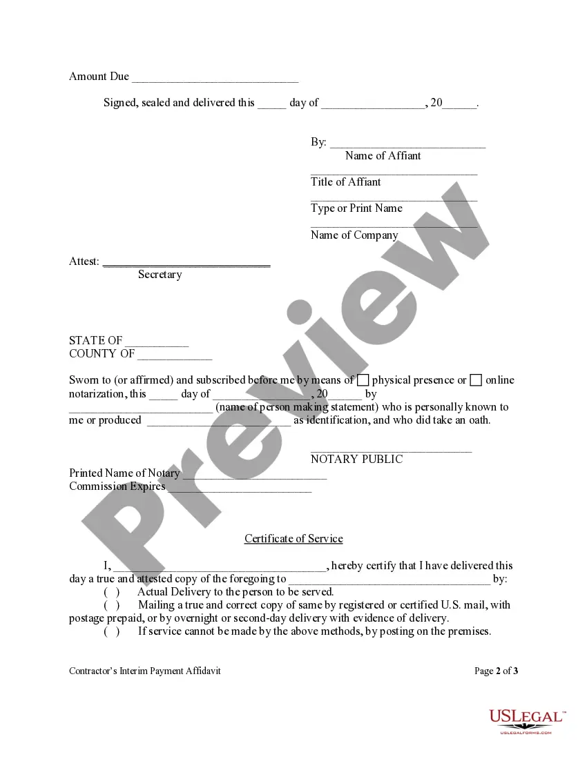 Preview Contractor's Interim Payment Affidavit - Corporation or LLC