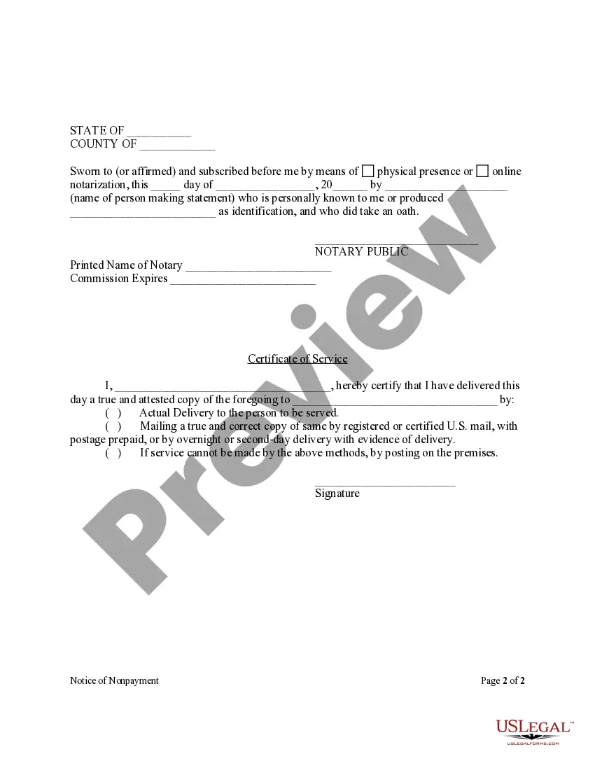 Preview Notice of Nonpayment - Corporation or LLC