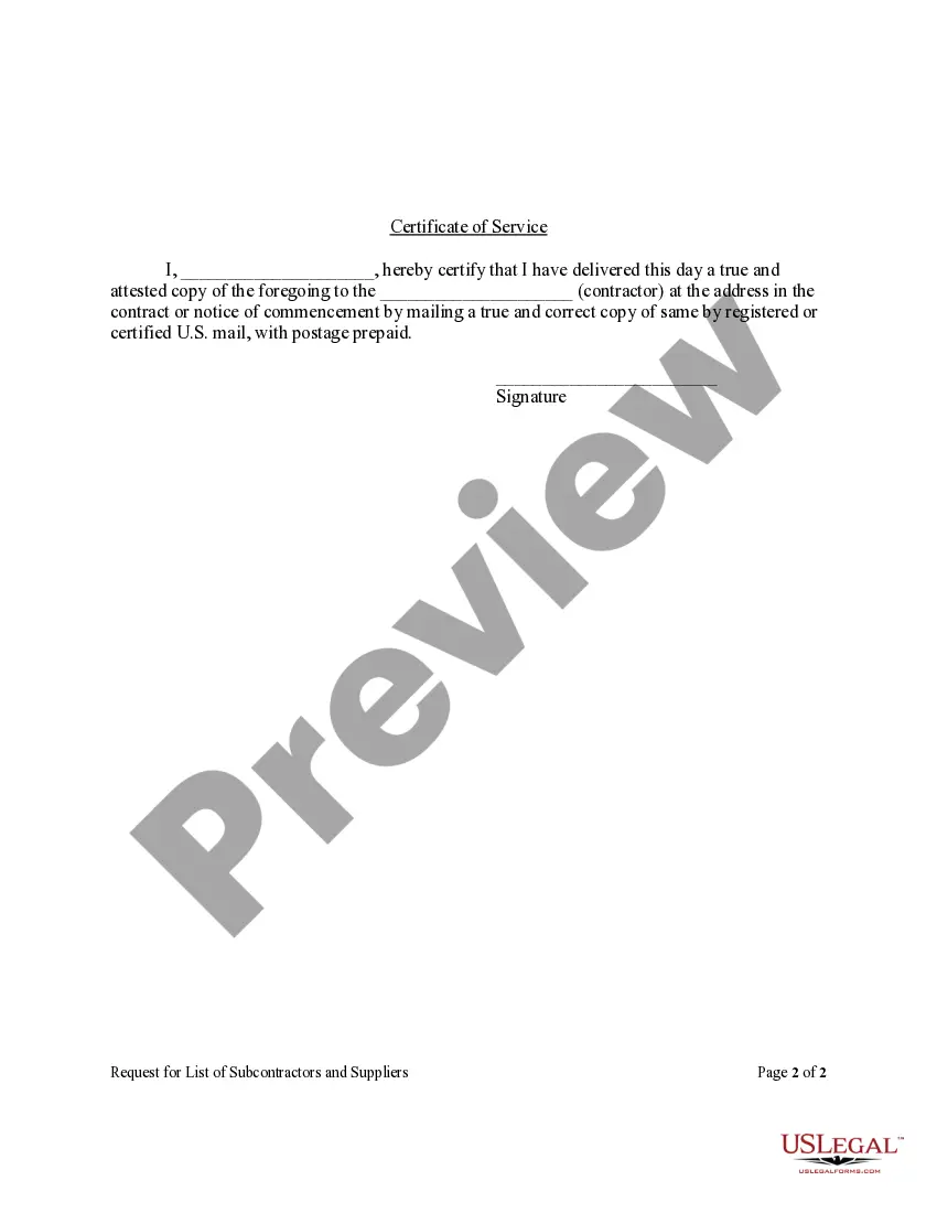 Preview Request for List of Subcontractors and Suppliers - Corporation or LLC