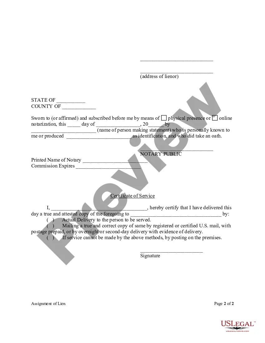 Preview Assignment of Lien - Individual