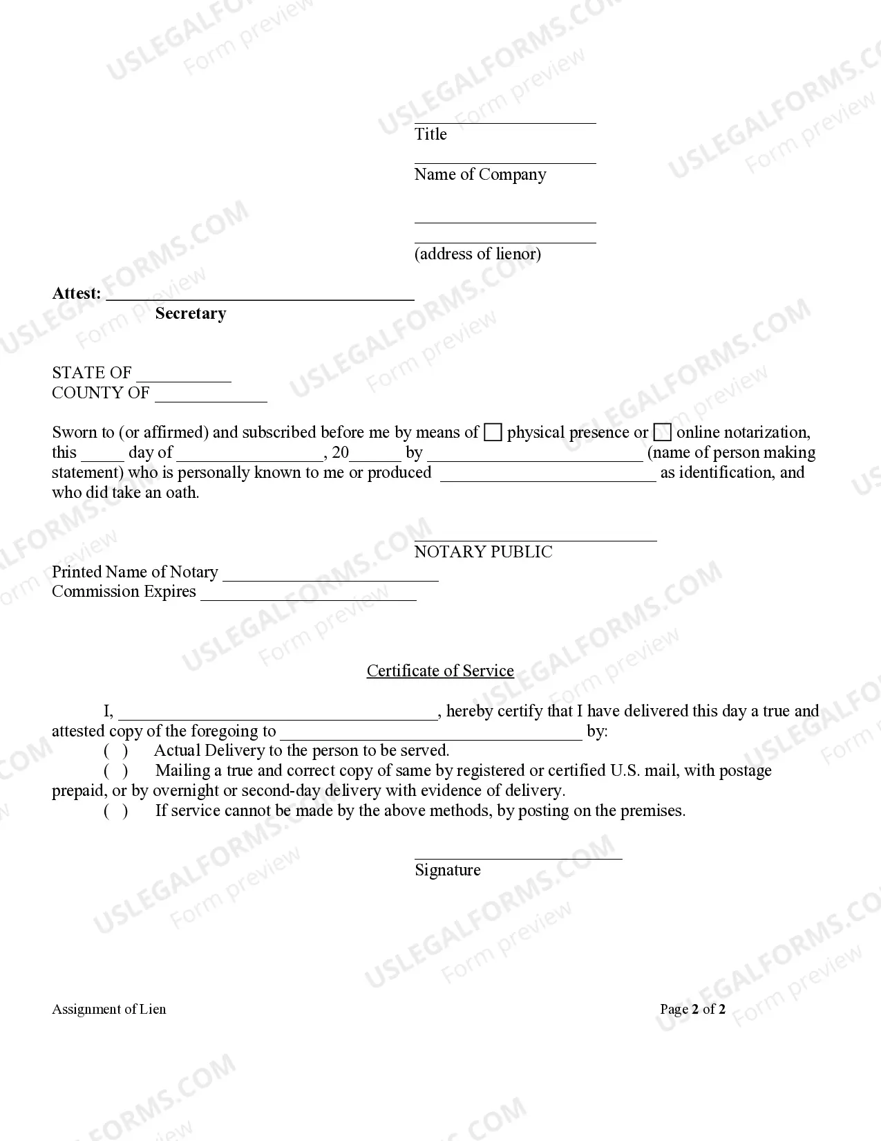 Preview Assignment of Lien - Corporation or LLC
