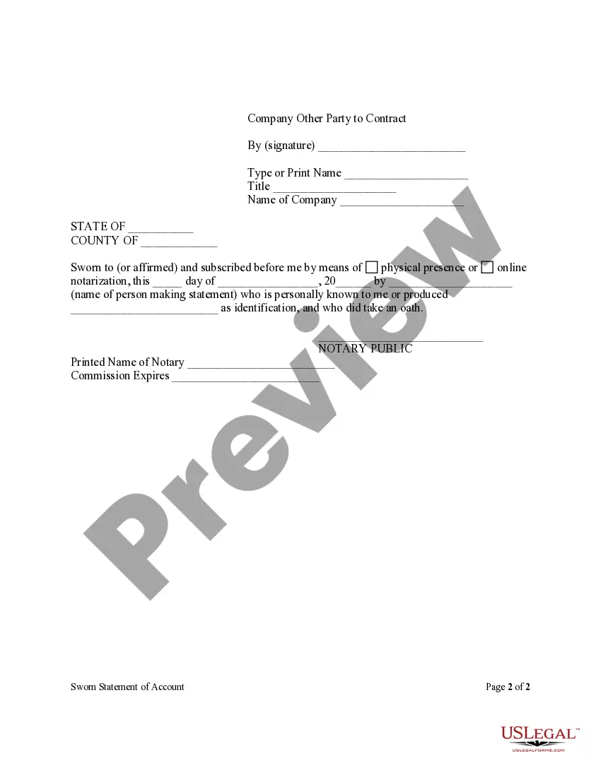 Get Sworn Statement of Account from Other Party to Contract to Lienor - Corporation or LLC Preview Sworn Statement of Account from Other Party to Contract to Lienor - Corporation or LLC