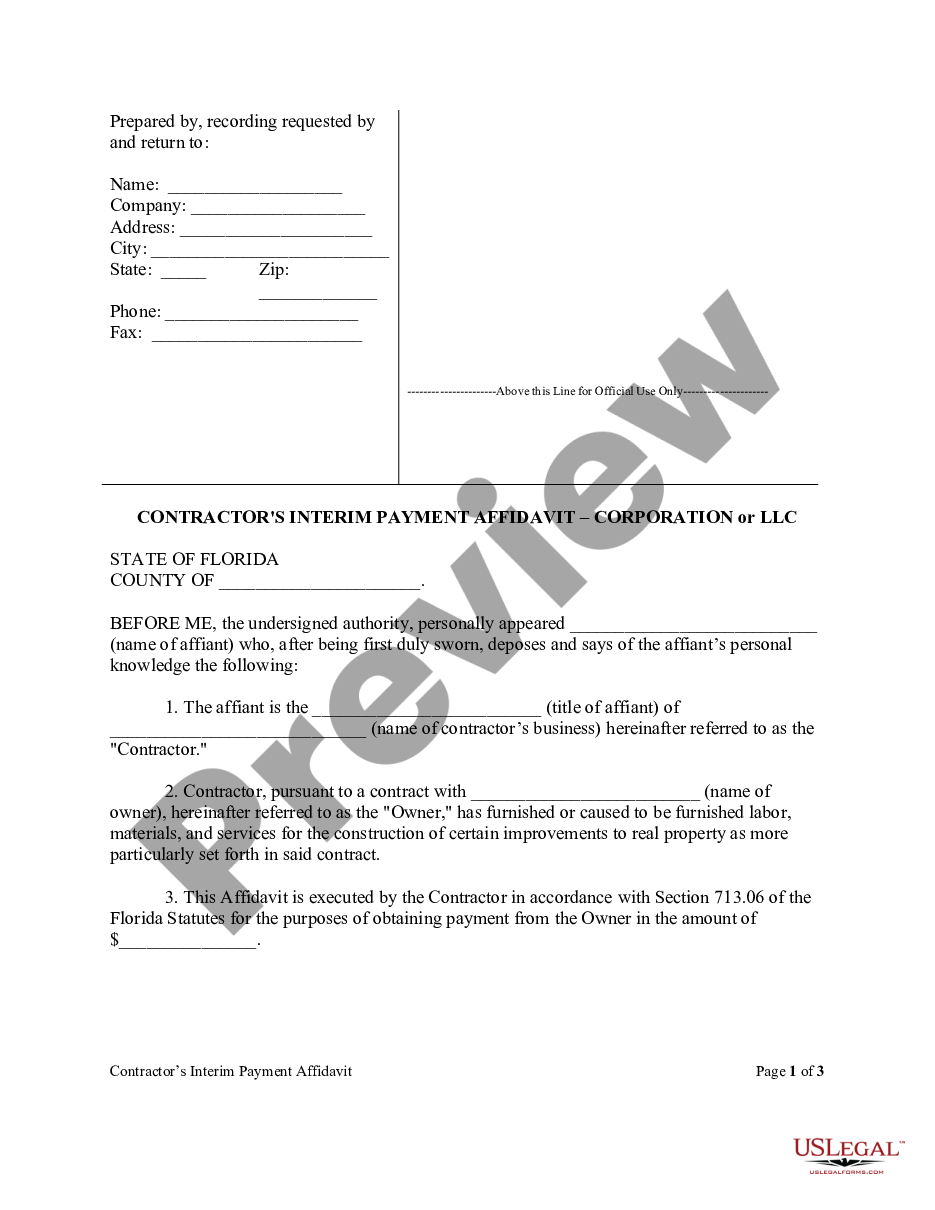 page 0 Contractor's Interim Payment Affidavit - Corporation or LLC preview